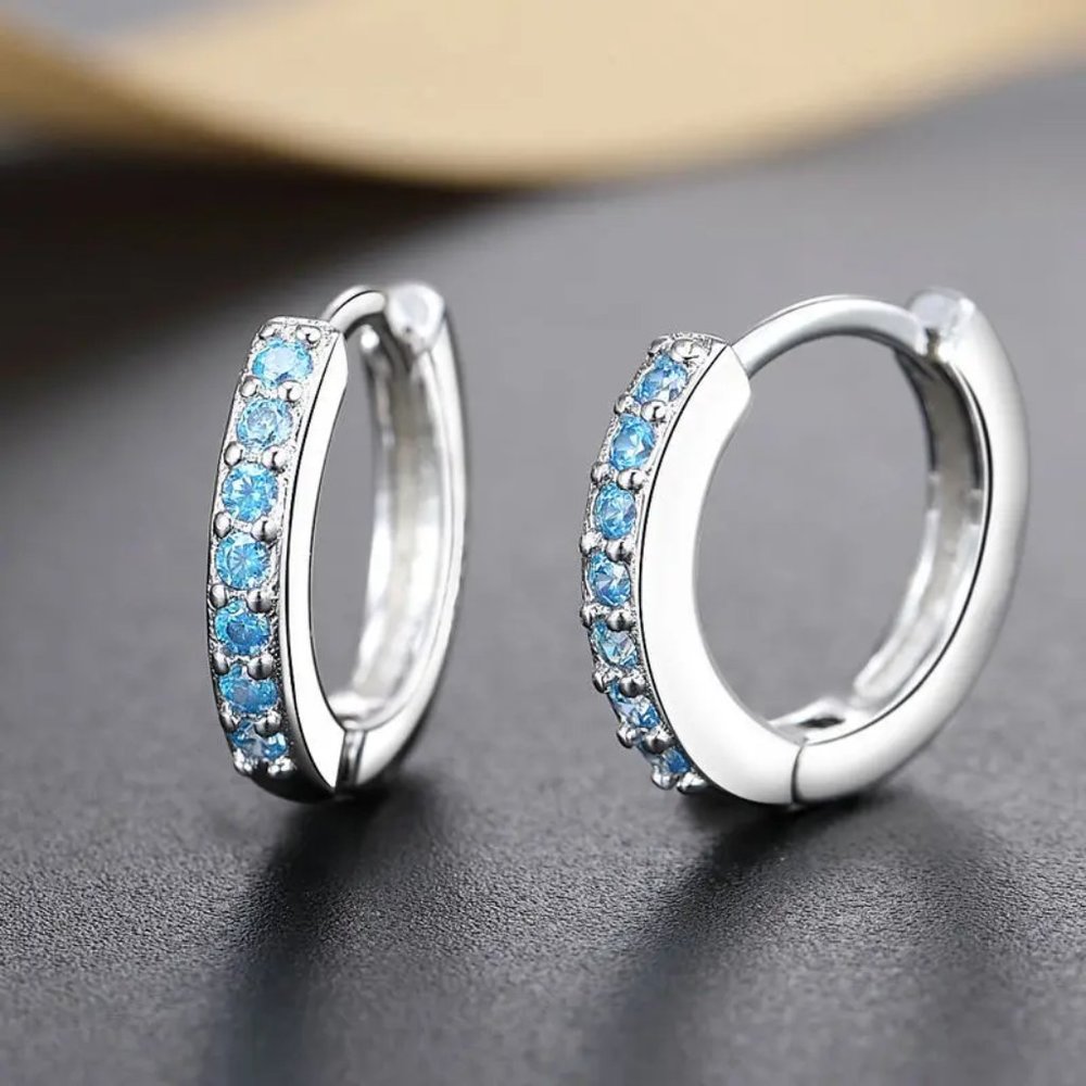 Small Different Colored CZ Diamond Huggy Loop Earrings,  925 Sterling Silver! - Picture 2 of 5